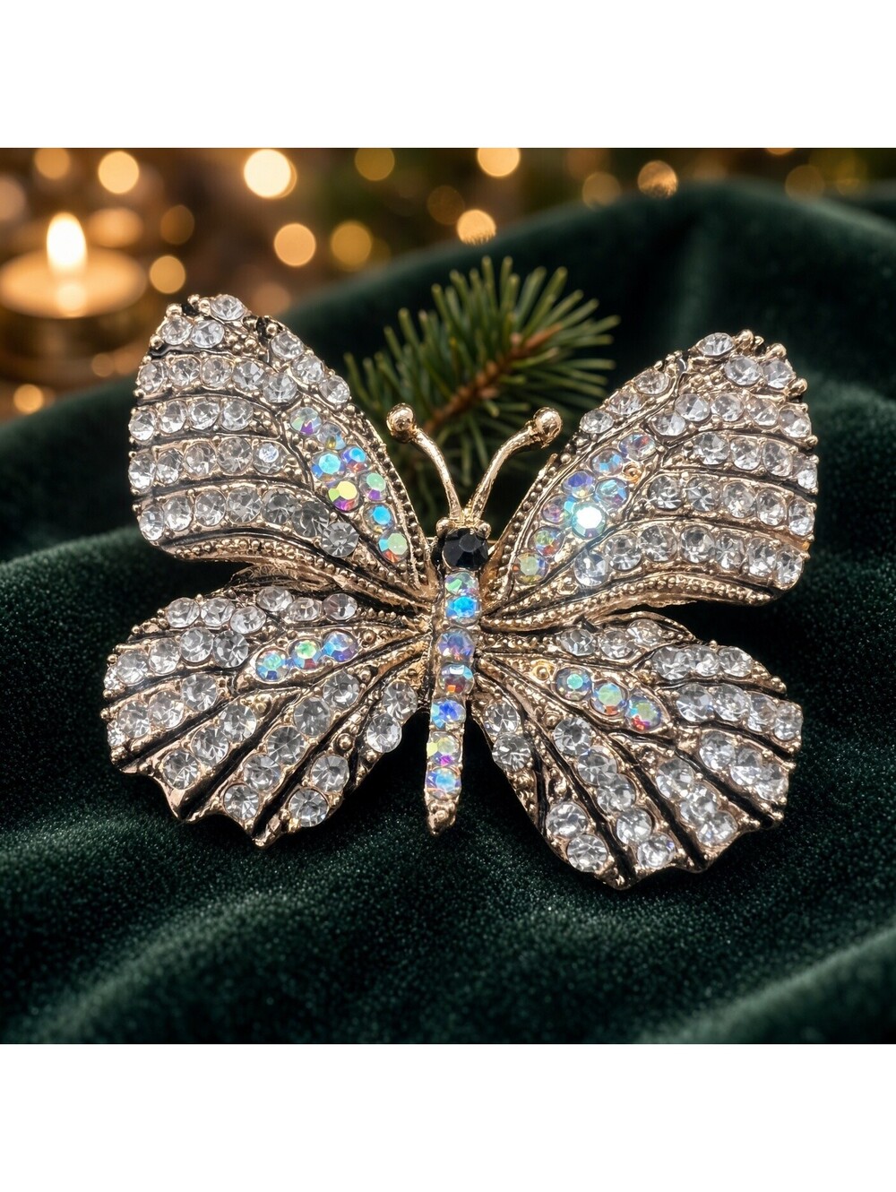 Vintage Crystal Butterfly Pin Gold Tone Rhinestone Brooch AB Sparkle